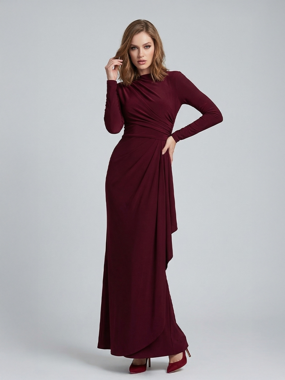 NWT Long Sleeve Burgundy Draped Maxi Dress